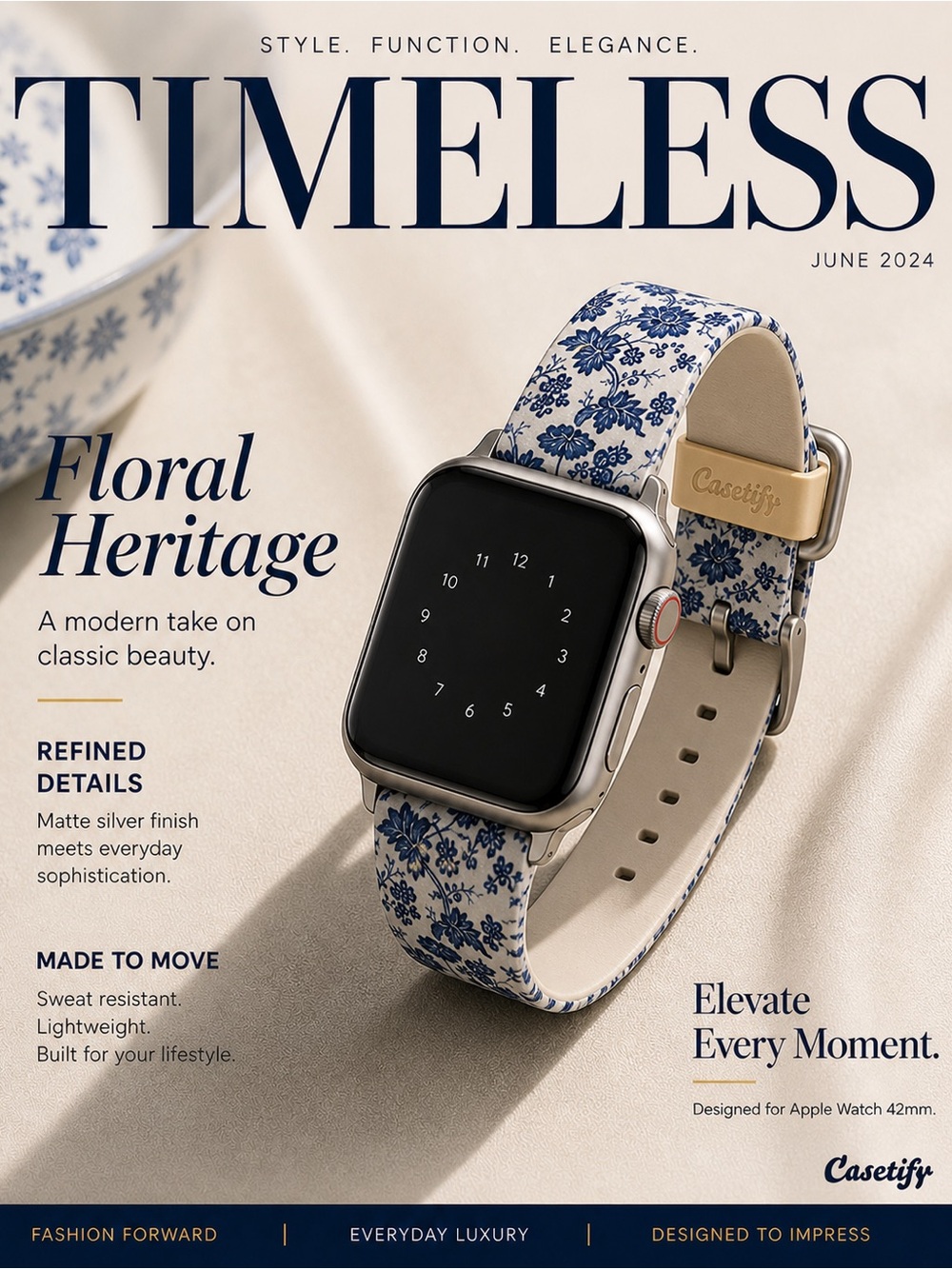 Casetify Blue Floral Apple Watch Band 42mm Matte Silver Buckle